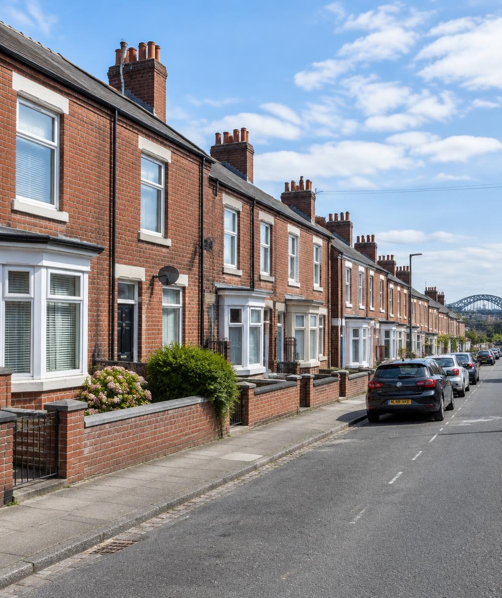 A street of red brick terraced houses in the North East of England