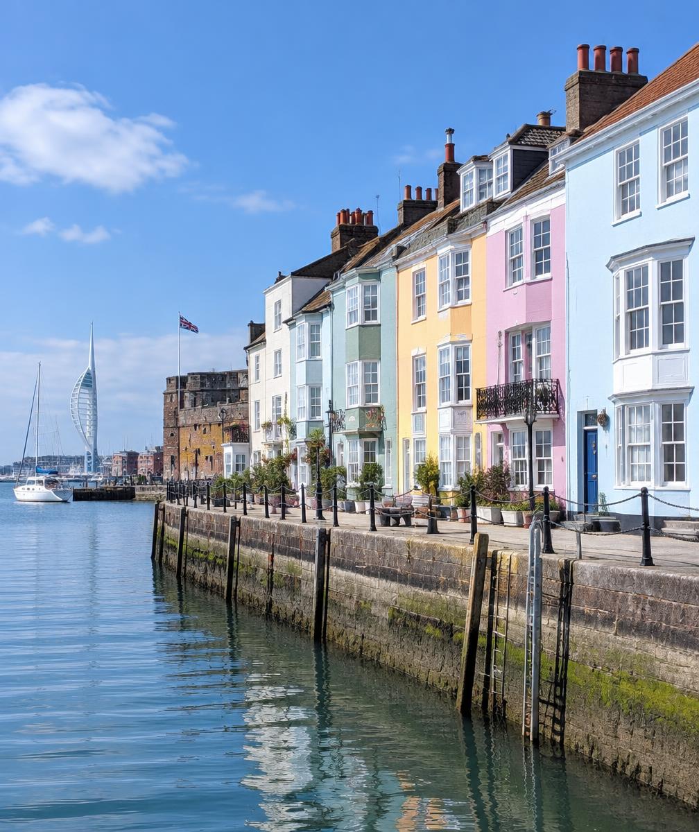 Colourful seafront houses in Old Portsmouth with the Spinnaker Tower behind