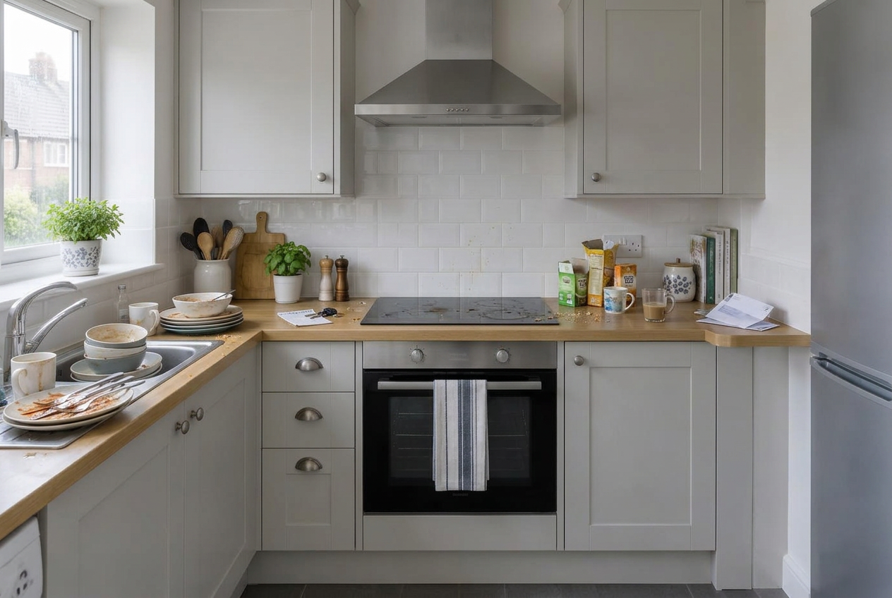 Illustrative example: an everyday untidy kitchen before cleaning