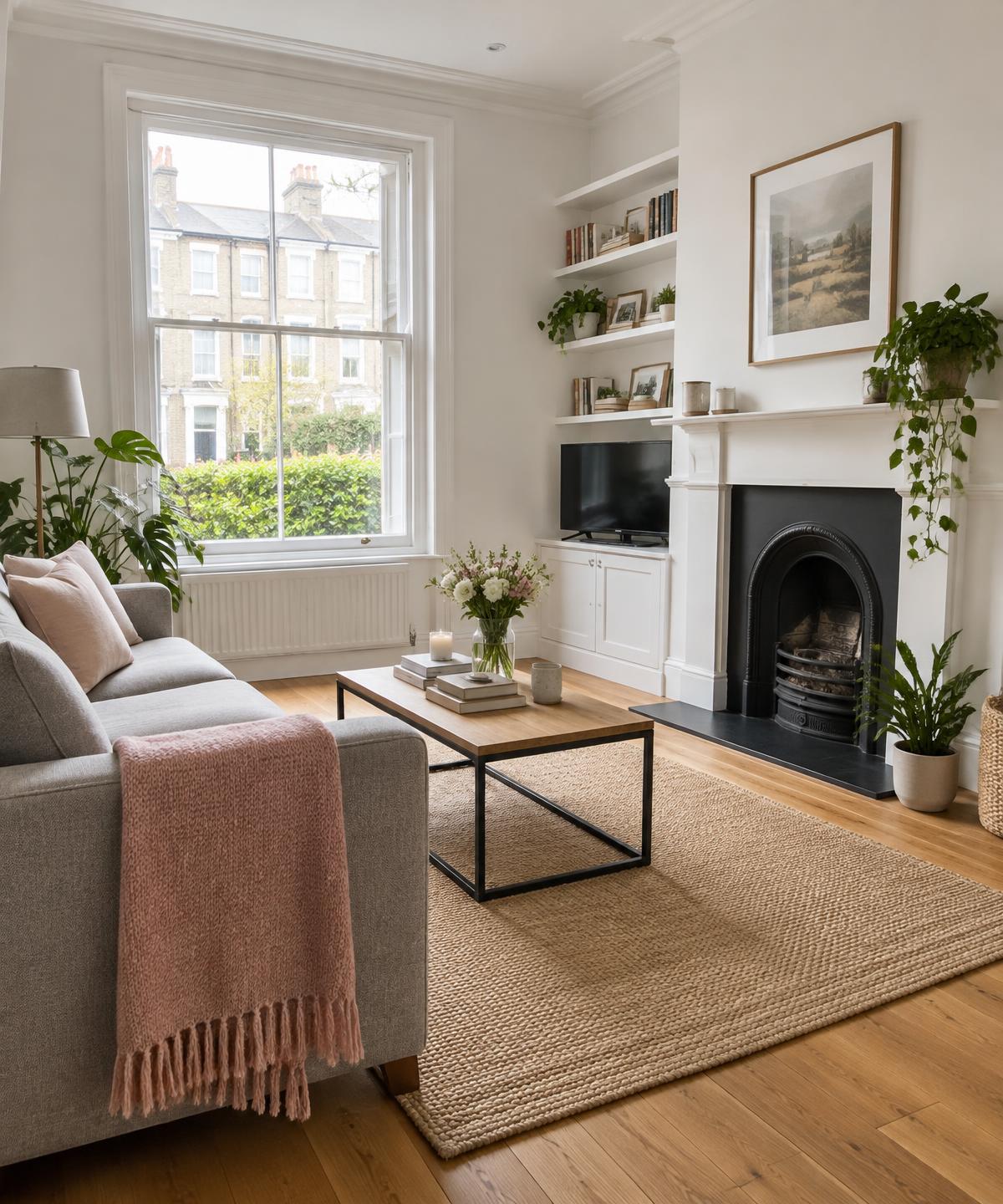 A bright, freshly cleaned British living room with a grey sofa, blush pink throw and sash window