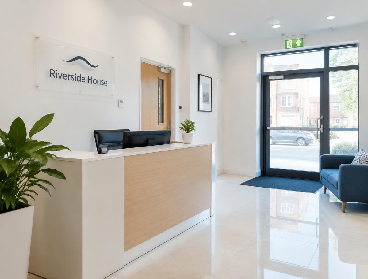 A clean, bright office reception with polished floor
