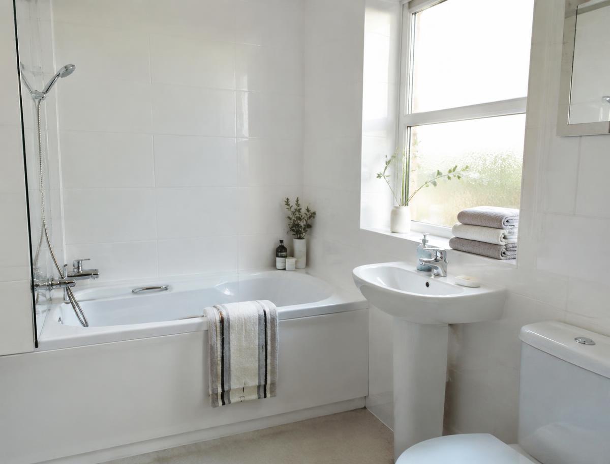 A sparkling clean white bathroom with folded towels