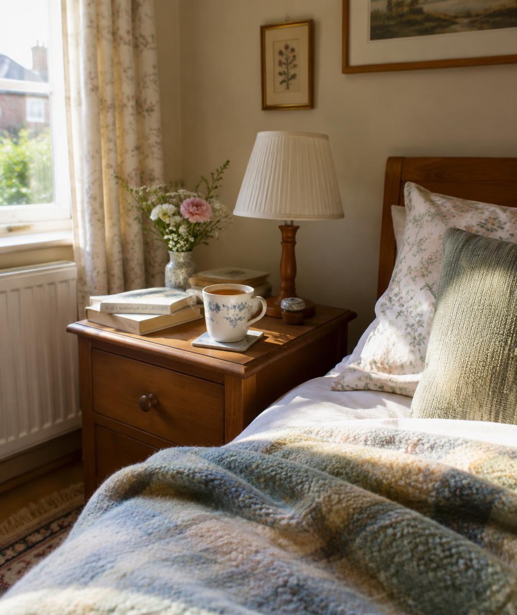 A calm, tidy bedside table with a cup of tea and fresh flowers