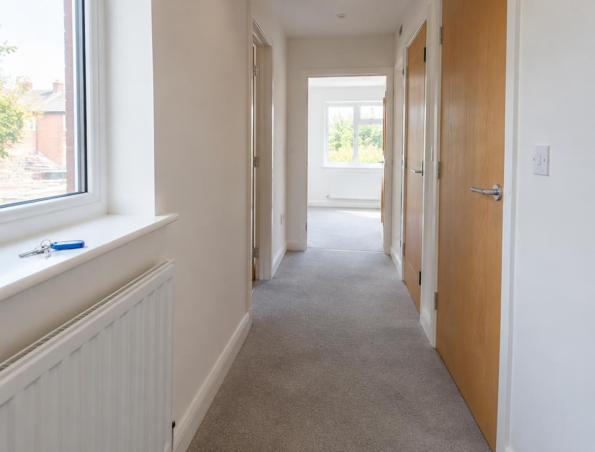A freshly cleaned, empty flat hallway with keys on the windowsill