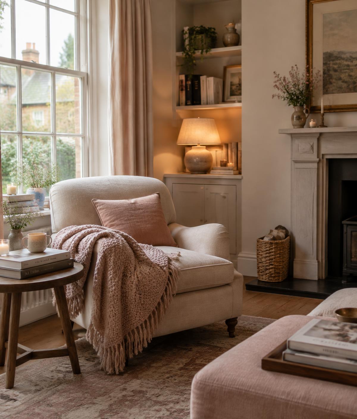 A calm, softly lit living room corner with an armchair and a pink knitted throw